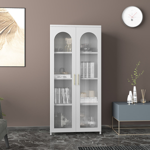 Armoire moderne en verre blanc avec 4 étagères, portes battantes, poignées en aluminium, armoire de rangement autoportante pour chambre à coucher - Product Image 1