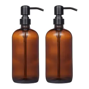Modern 500ml Thick Amber Glass Pint Soap Bottles Stainless Steel Pump Hand Dish Soap Dispensers