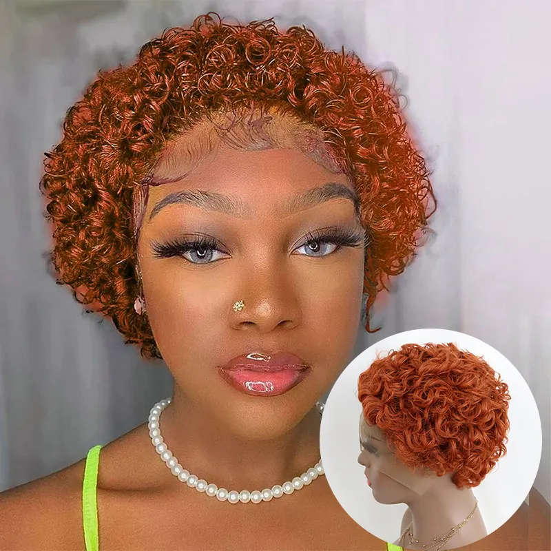 Bulk Sale Pixie Wigs Real Natural Russian Hair Bob HD Kinky Curly Human Hair Deep Wave Lace Frontal Wig For Black Women