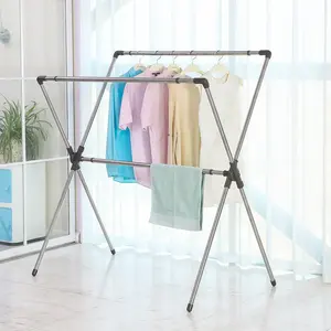 Wholesale adjustable folding steel rack-BAOYOUNI Folding Easy Dry Cloth Stand Stainless Steel Flat Clothes Heavy Duty Adjustable Drying Balcony Laundry Rack