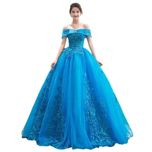 Blue Tulle Off Shoulder Stage Performance Dress Women Lake Blue Long Gown Art Exam Evening Wear Puff Skirt - Product Image 5