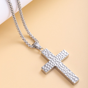 Men's stainless steel cross hammered pendant colorfast titanium steel irregular texture necklace cross pendant necklace - Product Image 2