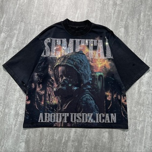Custom Graphic Mens Cotton T Shirt Designer Acid Wash Distressed Rhinestone Oversized Screen Print Streetwear <b>Tops</b> Wholesale - Product Image 1