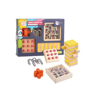 2020 Nieuwe Brain Teaser Metalen Puzzel 3D Houten Puzzel Kongming Lock Speelgoed Voor Kids Groothandel Mind Games 5 In 1 game Set