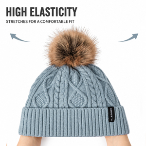 Outdoor Ski Winter Cable Knit <strong>Fleece</strong> <strong>Lined</strong> Faux Fur Pom <strong>Bobble</strong> <strong>Hat</strong> with Custom Label - Product Image 4