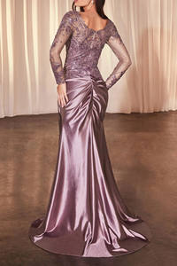 Abiti da Sera di Lusso con Glitter Dubai, <span class=keywords><strong>Vestito</strong></span> a Sirena Lucido con Spacco Laterale, Maniche Lunghe, Ricamo, Abito da Cerimonia Color <span class=keywords><strong>Lavanda</strong></span> Polveroso - Product Image 3