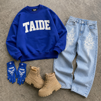 Ensemble sweat-shirt et pantalon baggy en denim bleu TaiDe certifié GRS 800 GSM, imprimé flamme tribale, logo personnalisé, OEM ODM, vente en gros pour hommes