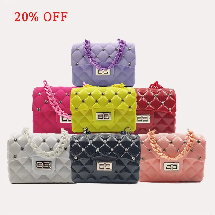 custom 2023 designer brands children kid jelly handbags woman rhinestone small square purses chains handbags for girl handbags