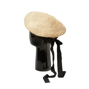 Mode Dame Vrouwen Groot Lint Strik Decoratie Raffia Stro Haak Baret Cap Hoed Voor Zomerjurk