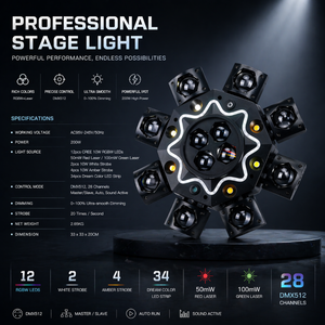 Luz móvil de escenario LED de 200W con 8 brazos, RGBW DMX, sistema de iluminación láser profesional para DJ, cuerpo de PVC, control remoto para discotecas, fiestas y clubes. - Product Image 2
