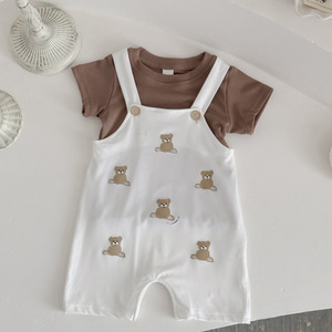 Conjunto de ropa de bebé cómoda de verano de 0 a 18 <span class=keywords><strong>meses</strong></span>, bonita camiseta de Color sólido, mono con estampado de oso de peluche, correa para el hombro, artículo caliente - Product Image 3