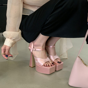 Nouvelles Sandales Élégantes à Talons Hauts et Plateforme pour Femmes 2026, Talon Carré, Perles, Bout Ouvert, Bride Unique - Product Image 4