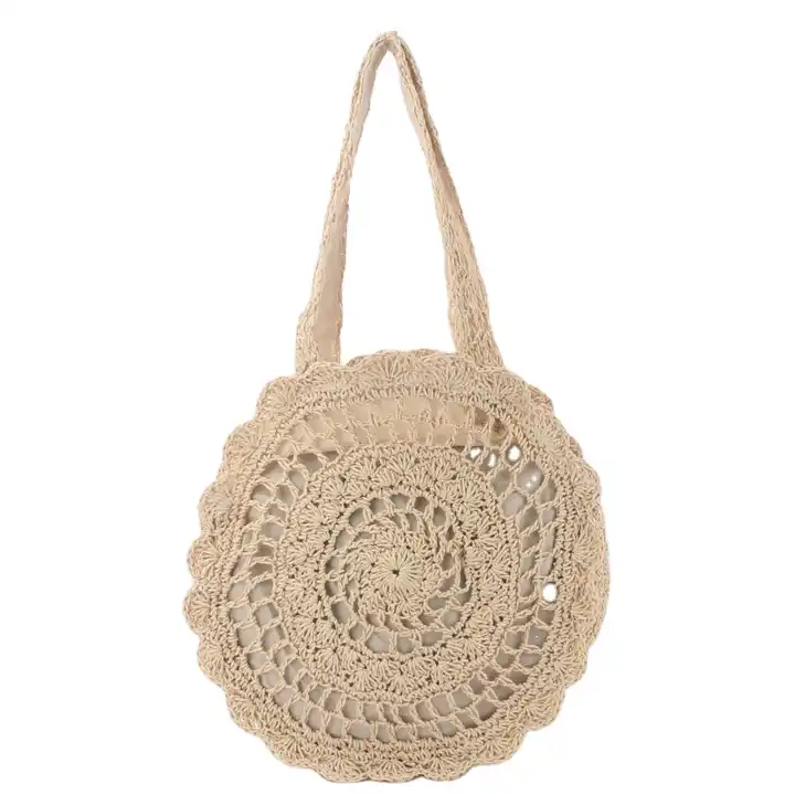 Summer Large Straw Tote Shoulder Bag Round Handmade Crochet