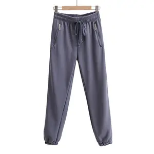 Pantalones de chándal elásticos de cintura alta para mujer, Pantalón deportivo informal con cordón ajustable, con bolsillos y cremallera