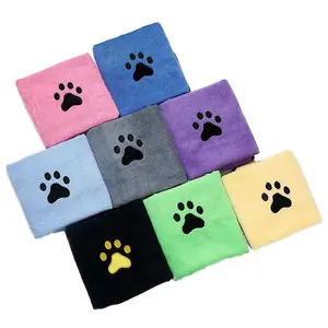 Hoge Kwaliteit Pure Kleur Paw Borduurwerk Microfibre Snelle Droge Handdoek Voor Huisdieren Hond Grooming Gewaad Handdoek Deken