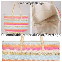 2025 nouveau sac de plage réutilisable filet à provisions fourre-tout recyclé arc-en-ciel couleur couture papier stockage sac à bandoulière avec fermeture éclair de sécurité