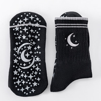 Chaussettes de yoga personnalisées pour femmes, mi-mollet, antidérapantes, brodées d'étoiles et de lunes, chaussettes de fitness, de pilates et de sport