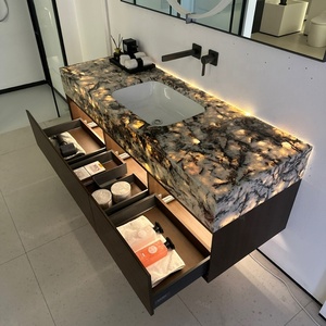 <span class=keywords><strong>Meuble</strong></span>-lavabo mural flottant en bois cannelé de style scandinave moderne avec dessus en marbre et lavabo vasque doré pour hôtel YG21 - Product Image 3