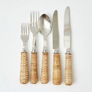 Nuevo juego de cubiertos de acero inoxidable con mango de cebo de ratán, juego de cubiertos para servidor de ensalada, cubiertos de lujo ecológicos, tenedor, cucharas, vajilla - Product Image 1
