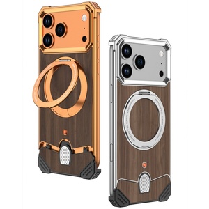 Luxury Walnut Wood Back Panel Magnetic <b>Phone</b> Case for iPhone 18 17 Pro Max With 360° <b>Ring</b> Stand Aluminum Metal Frameless Cover - Product Image 1