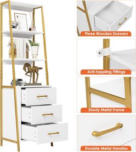 Living Room Entryway Office <strong>White</strong> Gold 3 Wooden Drawers Modern Ladder Book Shelf Storage Organizer Bookshelf <strong>Tall</strong> <strong>Bookcase</strong> - Product Image 6