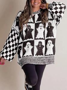 Customizable <strong>Women's</strong> Knitted <strong>Halloween</strong> Sweater for Winter Spooky Season <strong>Jumper</strong> with Checkered Ghost Jack O Lanterns Pumpkins - Product Image 3