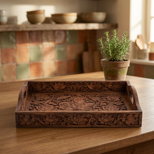 Plateau de service rectangulaire en noyer brun du Cachemire, sculpté à la main |   Artisanat traditionnel en bois en gros - Product Image 3