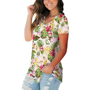 Camiseta de Cuello en V con Estampado Tropical para Mujer, Ligera, Veraniega, Beige, Talla S, Tejido Jersey Transpirable - Product Image 2