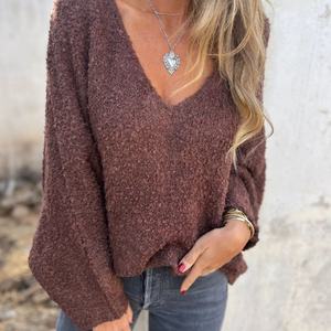 2025 Women's American Retro Cozy V-Neck Sweater | Fluffy Loose <b>Lantern</b> Sleeve Pullover,Low Minimum Quantity Factory Direct <b>Sales</b> - Product Image 3