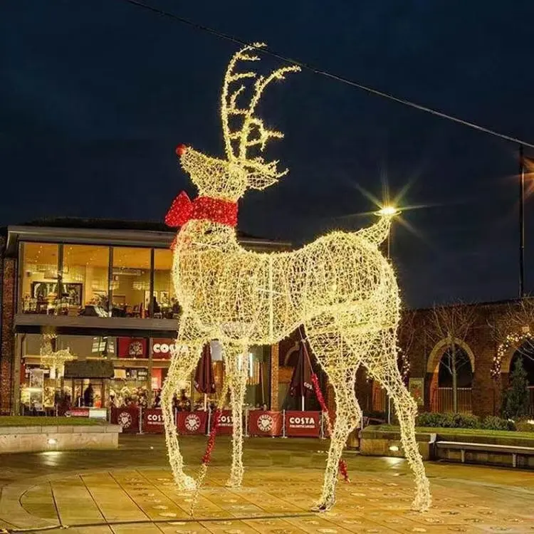 กลางแจ้งขนาดใหญ่ Christmas Motif ตกแต่ง Reindeer Sleigh Led 3d กวาง Lighted สัตว์ตกแต่ง