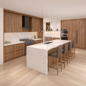 Ensemble d'armoires <span class=keywords><strong>de</strong></span> cuisine modulaires en bois <span class=keywords><strong>de</strong></span> noyer personnalisées <span class=keywords><strong>de</strong></span> qualité supérieure avec îlot en marbre pour appartement <span class=keywords><strong>de</strong></span> luxe - Product Image 5