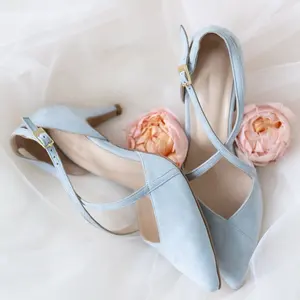 Elegante Damen Blue Kitten Heel Pointed Toe Criss cross Knöchel riemen High Heels Größe 14 Hochzeit Braut schuhe Low Heel Frauen Party