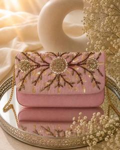 Elegant <b>Pink</b> Satin Clutch With Gold Sequined Floral Embroidery Chain Strap Wedding Evening <b>Bag</b> Women Handbag - Product Image 1