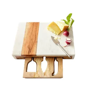 Customized New Design Marble and Acacia Wood Pocket Drawer Board with Stainless Cheese Set Charcuterie Board for Dinner