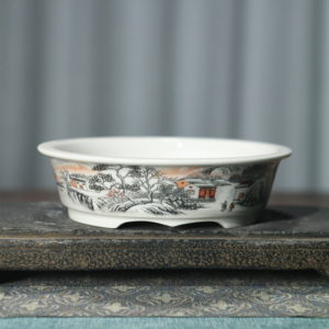 Maceta de Cerámica para Bonsái, Pintada a Mano con Paisaje, Estilo Chino, Redonda, de Arcilla Blanca - Product Image 1