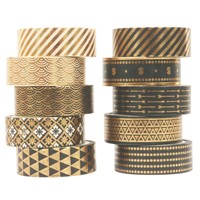 Lot de 10 autocollants décoratifs en papier Washi noir et or, formes irrégulières, estampage à chaud, pour journal créatif et cadeaux