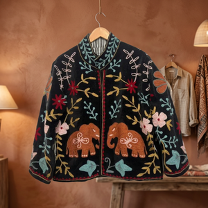 Chaqueta Bomber Étnica India Hecha a Mano, de Terciopelo Negro y Algodón, Unisex para Hombre y Mujer, con Bordado Rajastaní de Motivos Florales y de Elefantes, para Otoño - Product Image 3