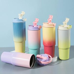 Gradient 30oz Stainless Steel Car <b>Cup</b> With Straw and Carry Handle Double Wall Vacuum Tumbler Insulated Hot Cold Drink <b>Cup</b> - Product Image 1