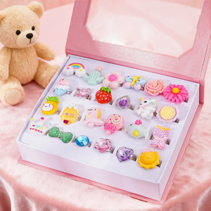 Children's Cartoon Multi Shaped Jewelry Ring Set Open Ring Box Toy Girls' Birthday Gift Resin Dressing Promotion Toy