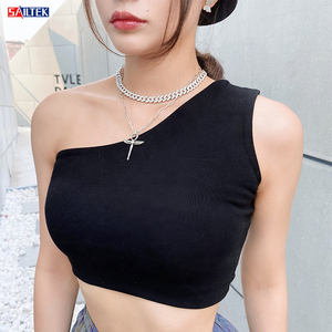 Top Corto Sexy de Un Hombro para Mujer, Negro, Acanalado, Asimétrico, Sin Mangas, Ajustado, Estilo Y2K, para Salir de Fiesta, Ropa de Club, Verano - Product Image 1