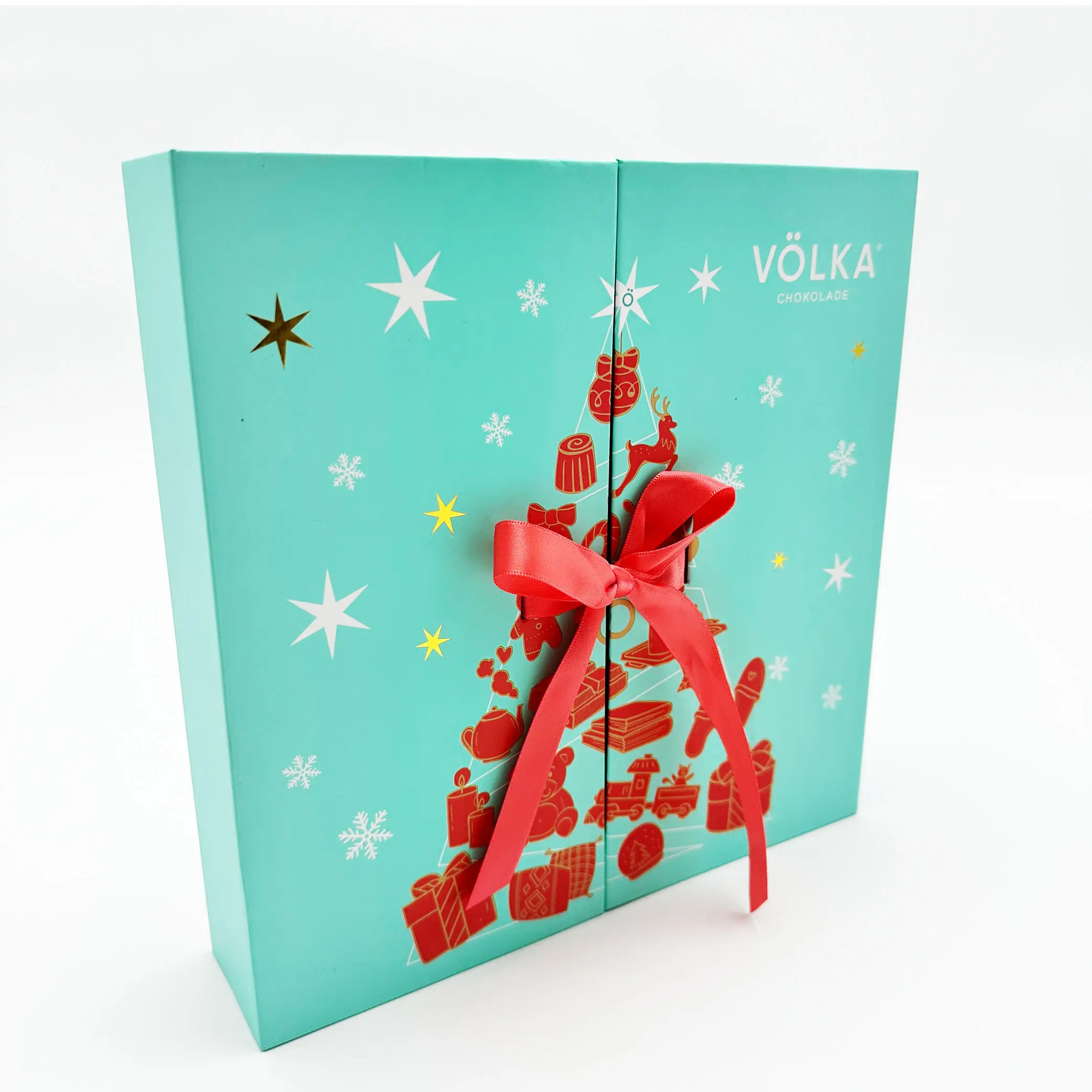 Handgemaakte Kerstboom Lint Strik Kalender Goud Folie Gestempeld Reliëf Stijve Doos Met Pvc Lade Voor Voedsel Cadeau Chocolade