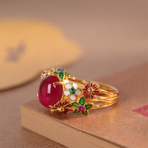 BOCAI S925 anelli in <span class=keywords><strong>argento</strong></span> Sterling da donna con motivo a fiori in smalto <span class=keywords><strong>dorato</strong></span> corindone rosso naturale intarsiato stile etnico gioielli per feste - Product Image 3