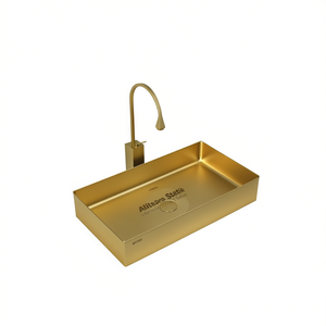 Lavabo Rectangular Dorado de Acero Inoxidable, Lavabo Contemporáneo para Baño con un Solo Orificio y Grifo Monomando, Acabado Pulido - Product Image 1