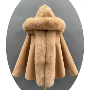 2023 роскошное кашемировое шерстяное пальто оверсайз, Женское зимнее шерстяное пончо с капюшоном, пальто с воротником из натурального Лисьего меха
