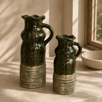 Vase à fleurs en céramique vintage, corps émaillé caramel, finition gris patiné, poignée à double anneau pour la décoration de table console