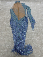 Robe à franges en strass bleu clair, une manche longue, asymétrique, illusion, pour spectacle de gala, costume de danseuse, drag queen, vente en gros
