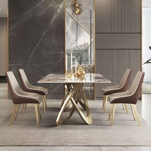 <span class=keywords><strong>Table</strong></span> à manger complète de luxe moderne haut de gamme avec plateau en pierre frittée et base en acier inoxydable, 6 chaises, rectangulaire, mobilier de maison et d'atelier - Product Image 6