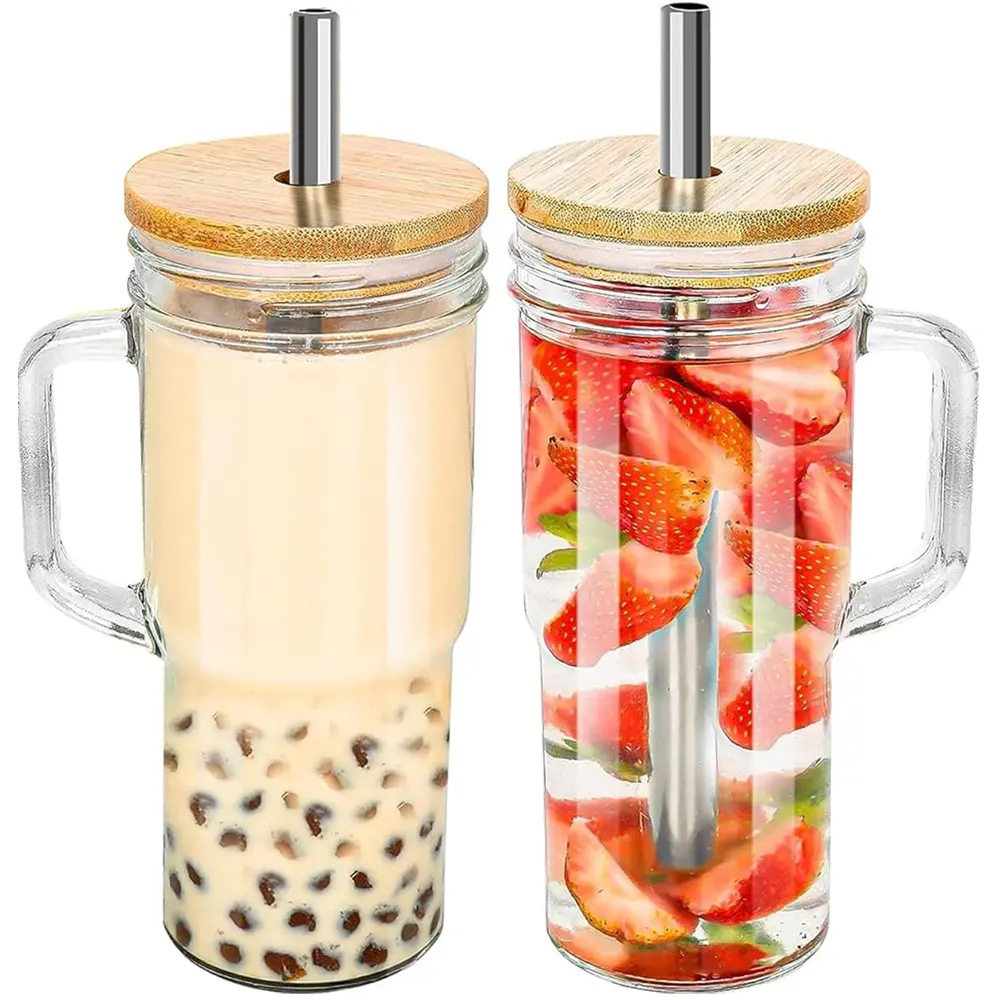 Nouveauté, gobelet en verre transparent givré de sublimation de 24oz avec poignée, tasse à café et bière avec couvercles en bambou et paille en plastique