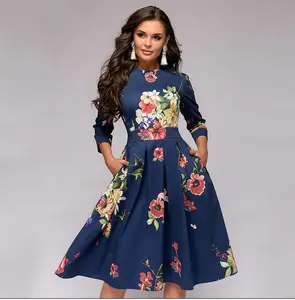 New Autumn Hochwertige Damen bekleidung Vintage Floral Midi Kleid Elegante Swing Kleider Damen Damen Freizeit kleid