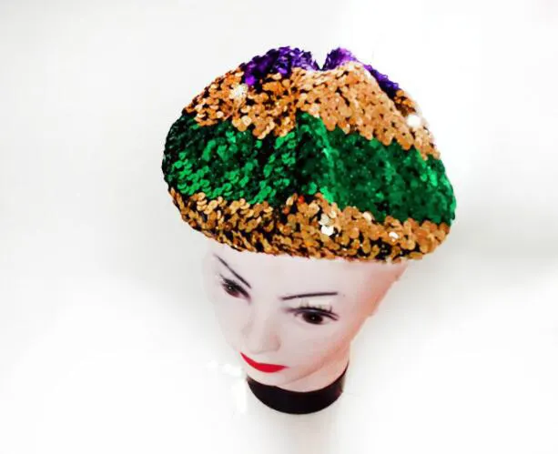 Новое поступление, блестящая шляпа Марди Гра, зеленый берет с блестками, принимаем заказ с вашим логотипом